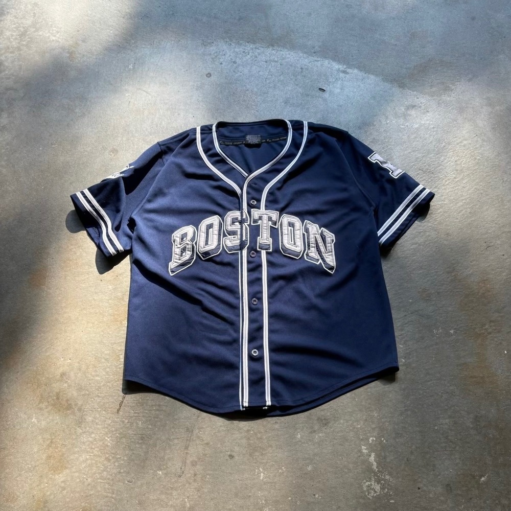 Team Spirit Boston Baseball Jersey Navy Blue Embroidered Button Up Mens L